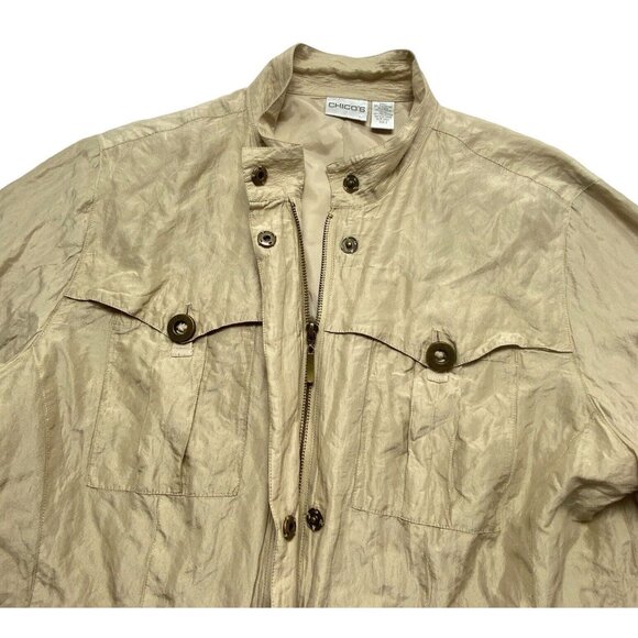 CHICO'S Women Crinkle Jacket Silk Blend Zip Snap Front Long Sleeve Sz 2/L Gold - Picture 9 of 13